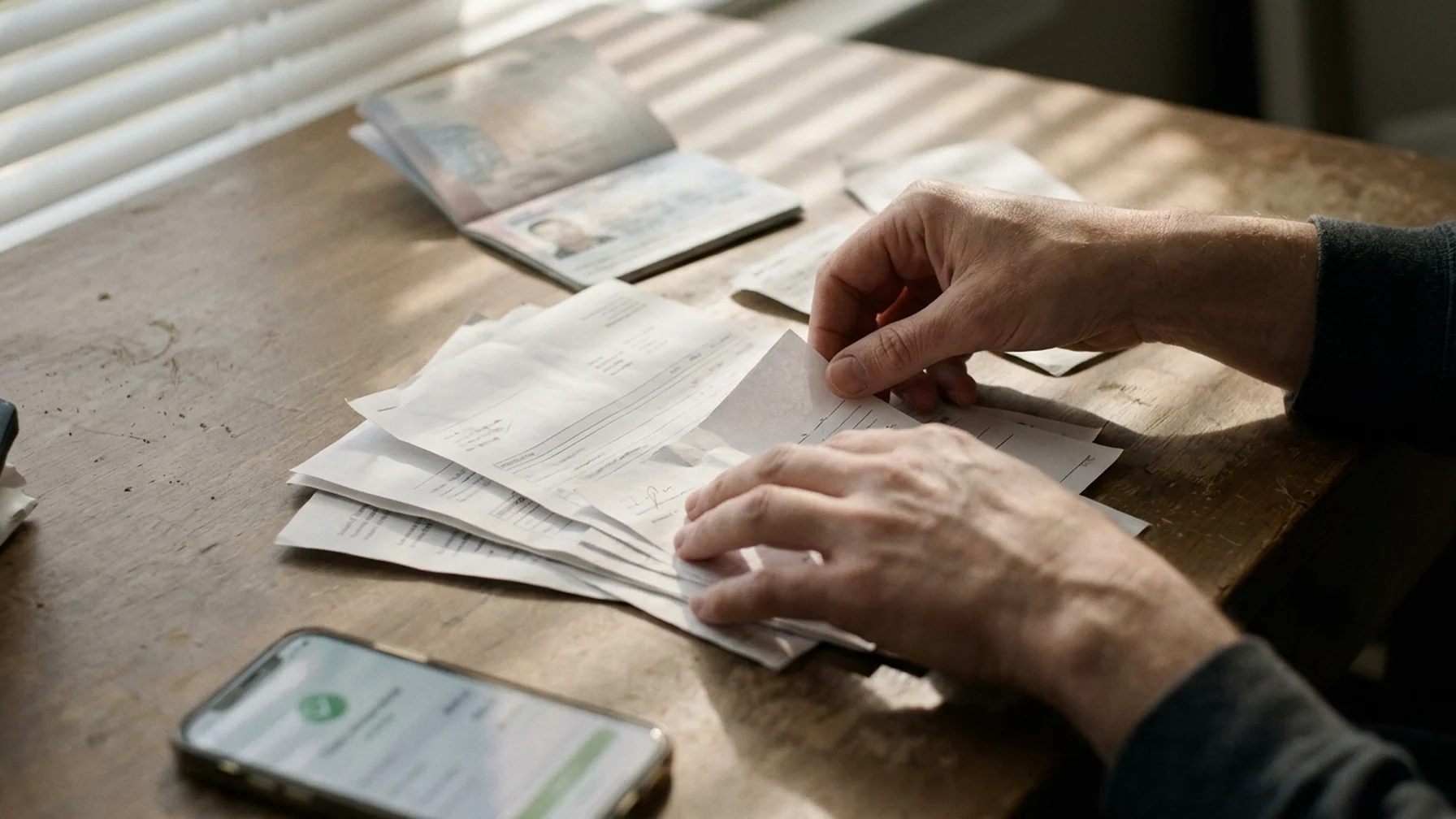 Hands at a desk with a passport, invoices and a phone showing a transfer confirmation, late afternoon light