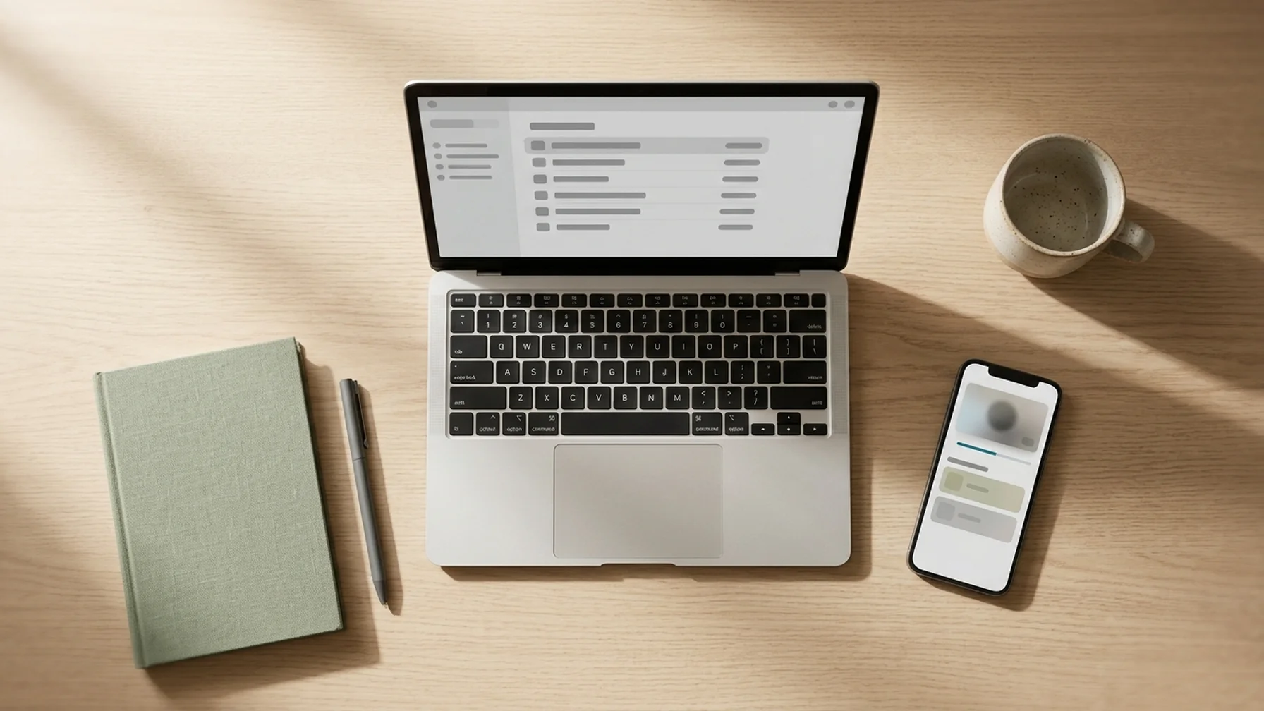 A laptop on a wooden desk showing a payment batch list, a phone beside it with a wallet balance, morning light from a window