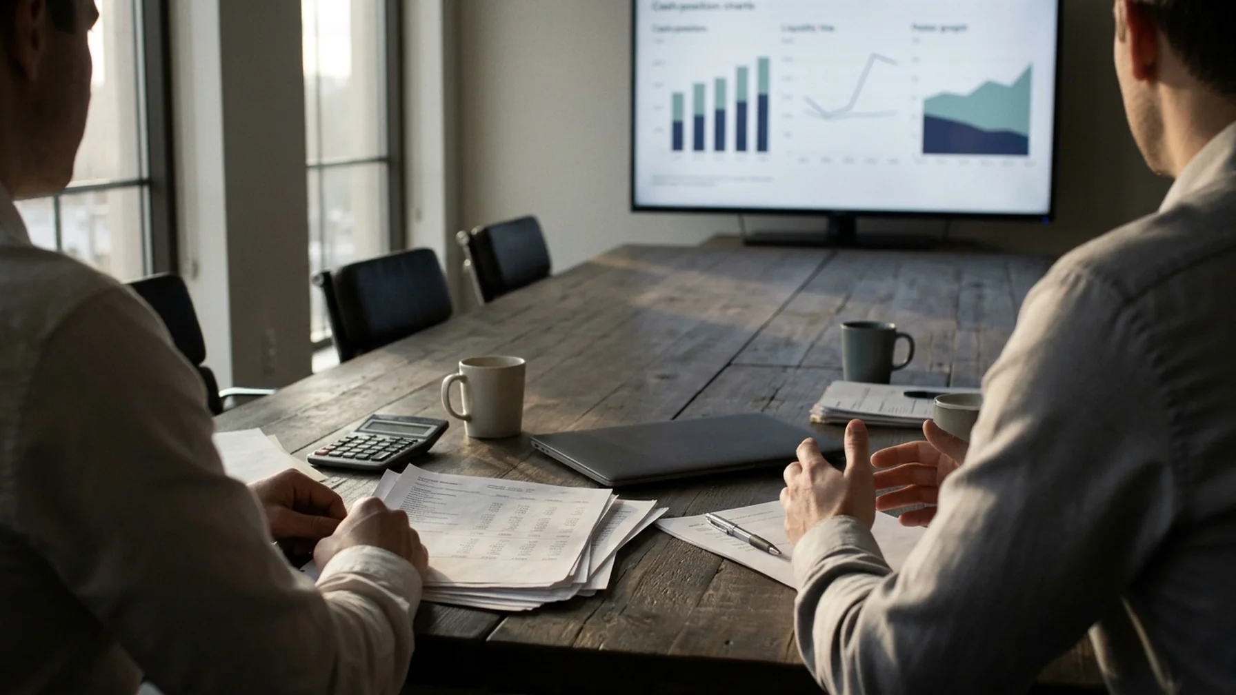 A finance team reviewing cash positions on a large monitor in a quiet office, printed statements and a calculator on the table